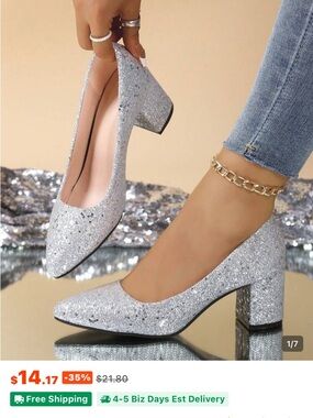 Silver Glitter Block Heel Pumps for Women
